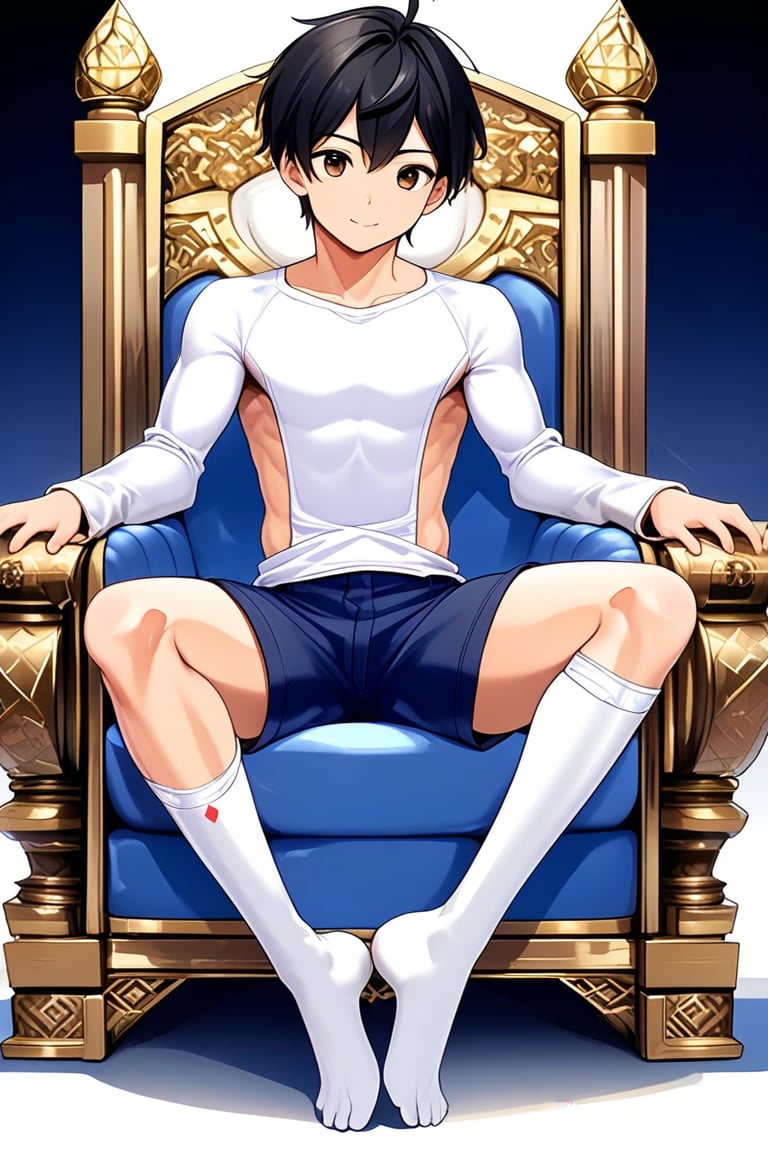 boy, black hair, brown eyes, white long-sleeved shirt, dark blue jean shorts, wearing short white stockings, with slim muscles, sitting on a diamond throne, anime