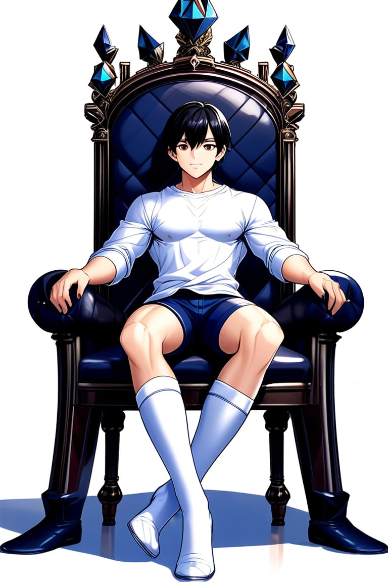 boy, black hair, brown eyes, white long-sleeved shirt, dark blue jean shorts, wearing short white stockings, slim muscles, sitting on a throne made of diamond with legs crossed, anime
