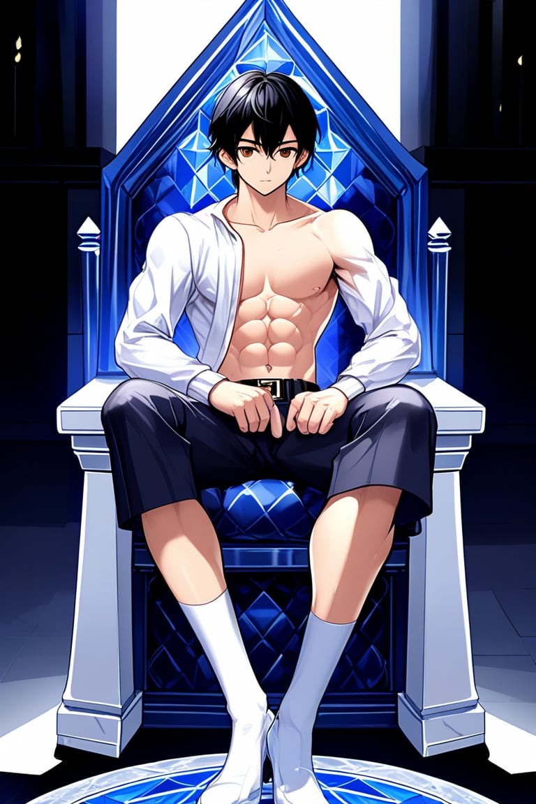 boy, black hair, brown eyes, white long-sleeved shirt, dark blue jean shorts, wearing short white stockings, slim muscles, sitting on a throne made of diamond with legs crossed, anime
