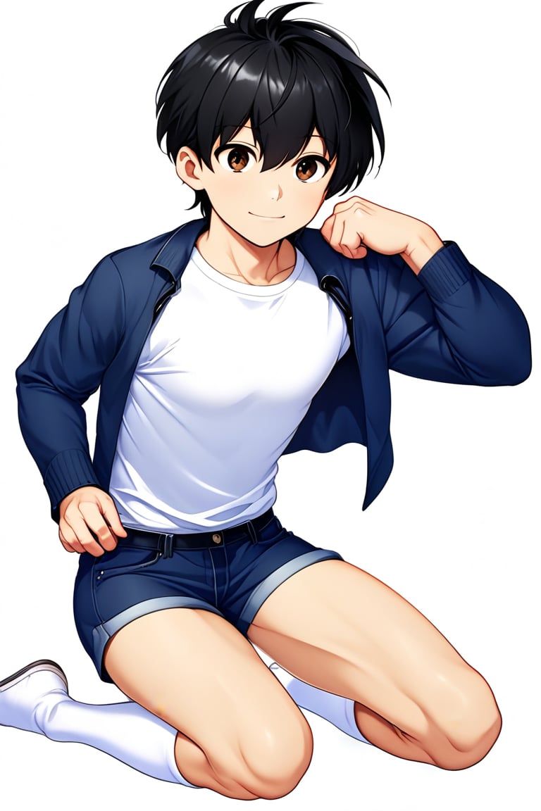 boy, black hair, brown eyes, long-sleeved white shirt, dark blue jean shorts, with short white stockings, with a little muscle, anime