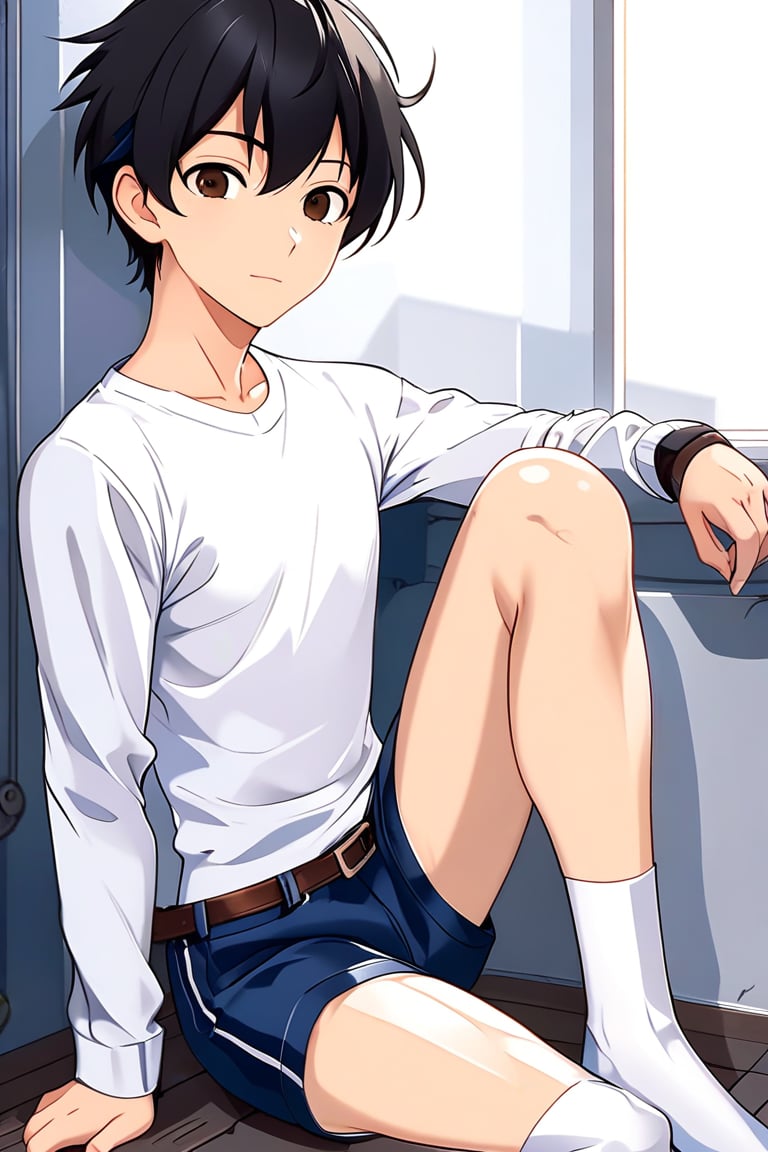 boy, black hair, brown eyes, white long sleeve shirt, dark blue jean shorts, wearing short white stockings, slim muscles, anime