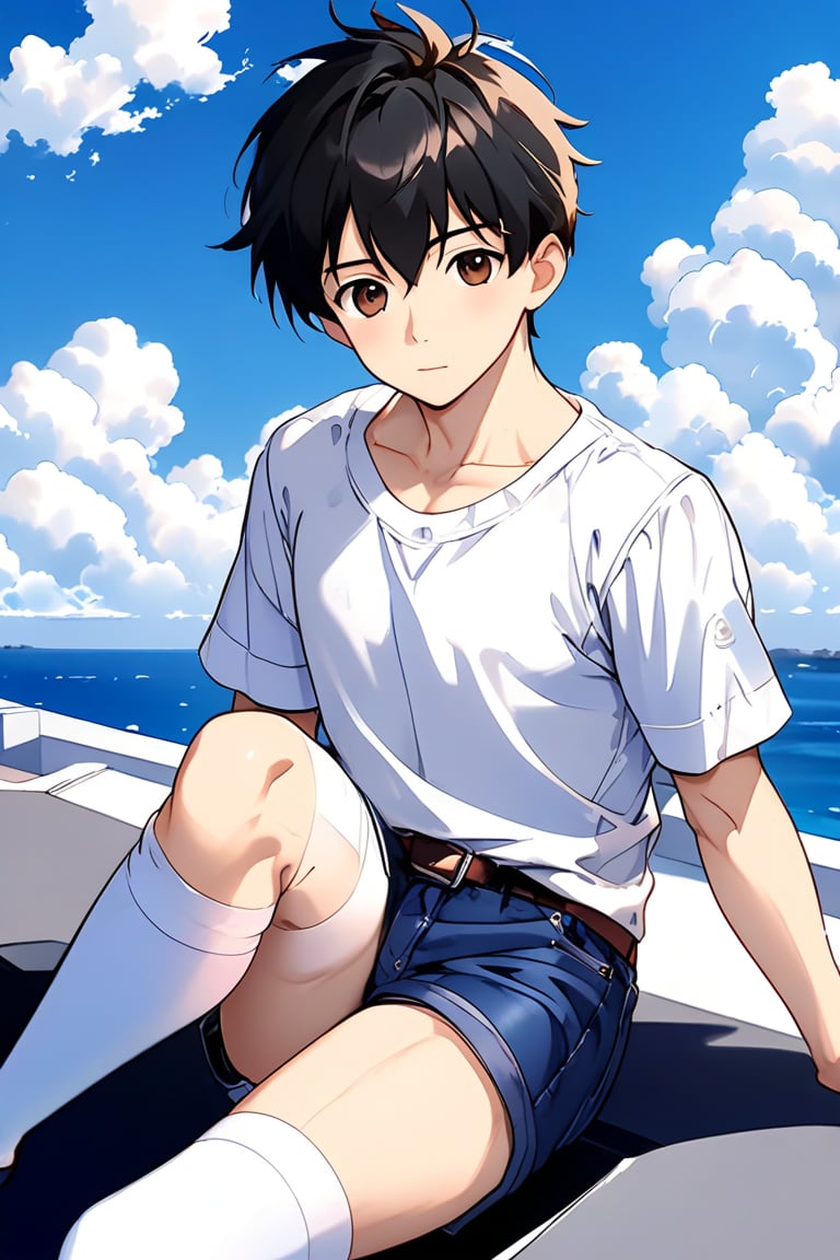 boy, black hair, brown eyes, white long sleeve shirt, dark blue jean shorts, wearing short white stockings, slim muscles, anime