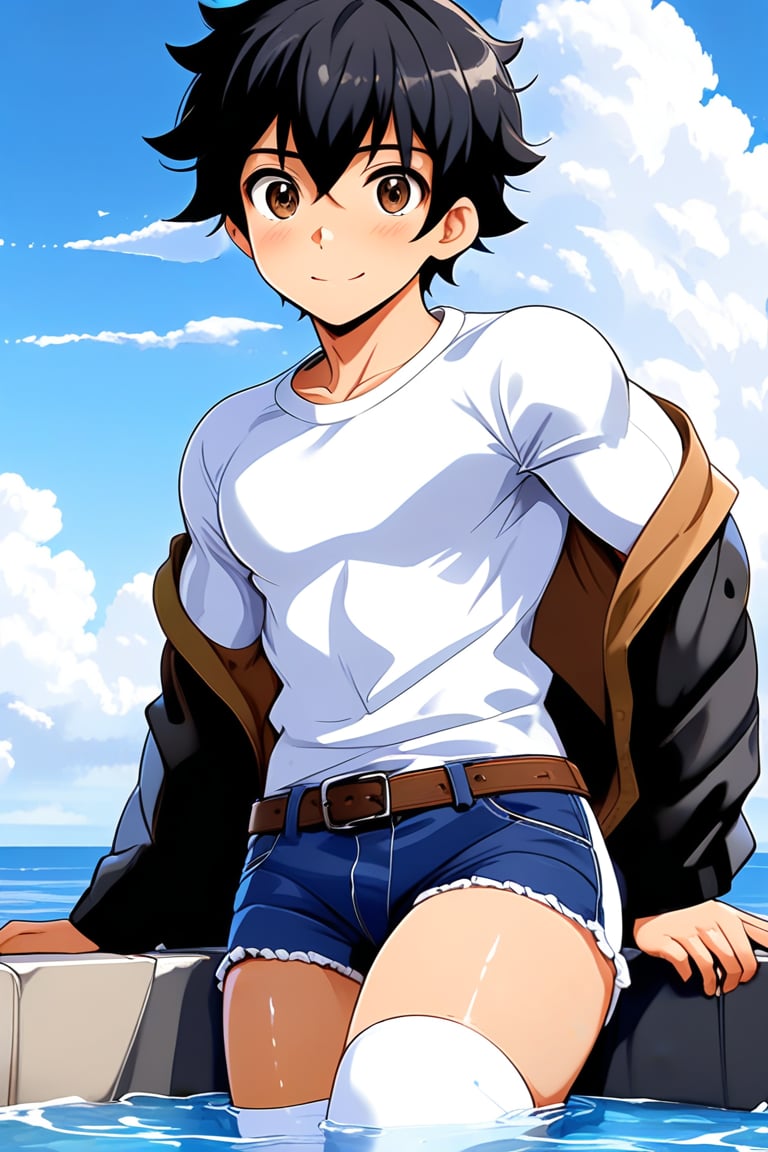 boy, black hair, brown eyes, long-sleeved white shirt, dark blue jean shorts, with short white stockings, with a little muscle, anime