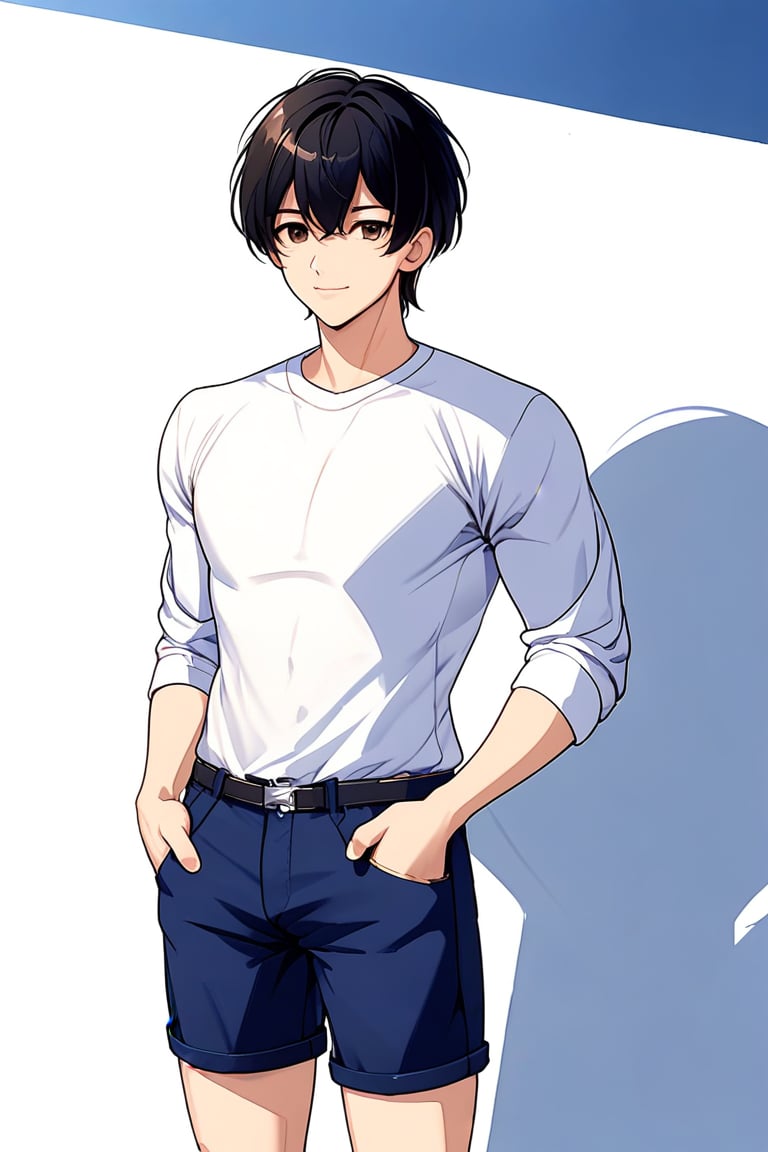 boy, black hair, brown eyes, white long sleeve shirt, dark blue jean shorts, wearing short white stockings, slim muscles, anime