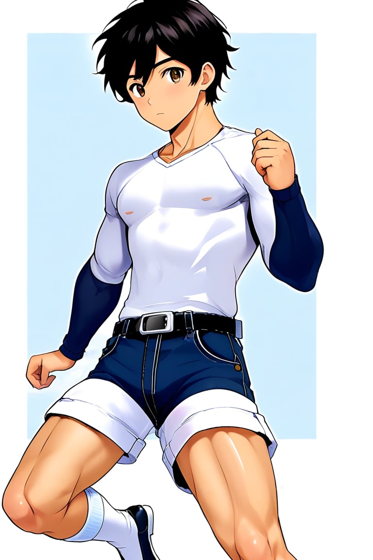 boy, black hair, brown eyes, long-sleeved white shirt, dark blue jean shorts, with short white stockings, with a little muscle, anime