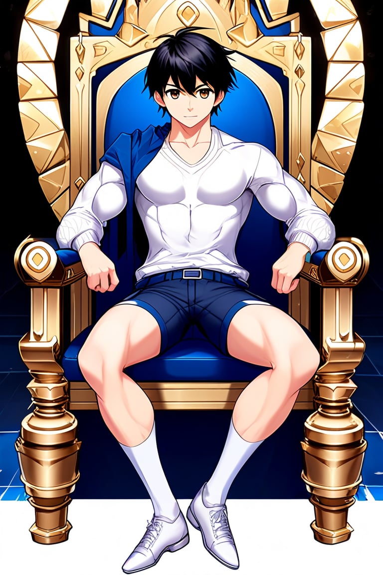 boy, black hair, brown eyes, white long-sleeved shirt, dark blue jean shorts, wearing short white stockings, slim muscles, sitting on a throne made of diamond, anime