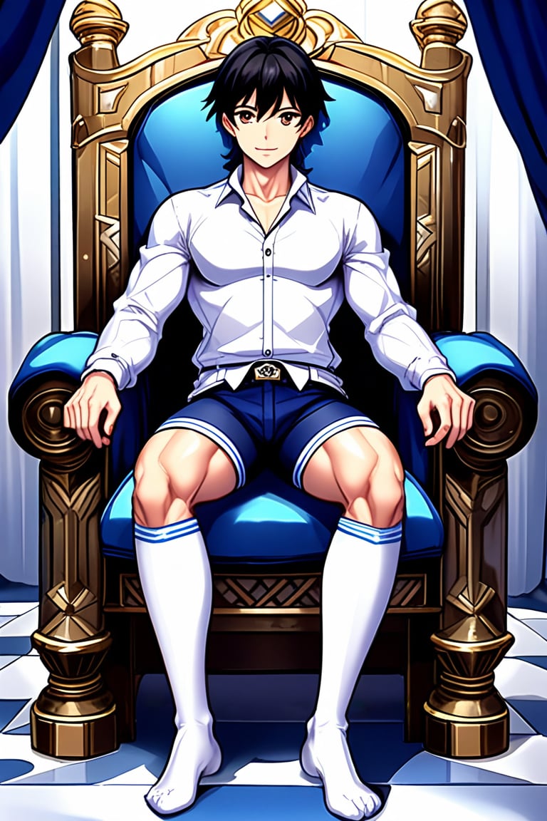 boy, black hair, brown eyes, white long-sleeved shirt, dark blue jean shorts, wearing short white stockings, slim muscles, sitting on a throne made of diamond, anime