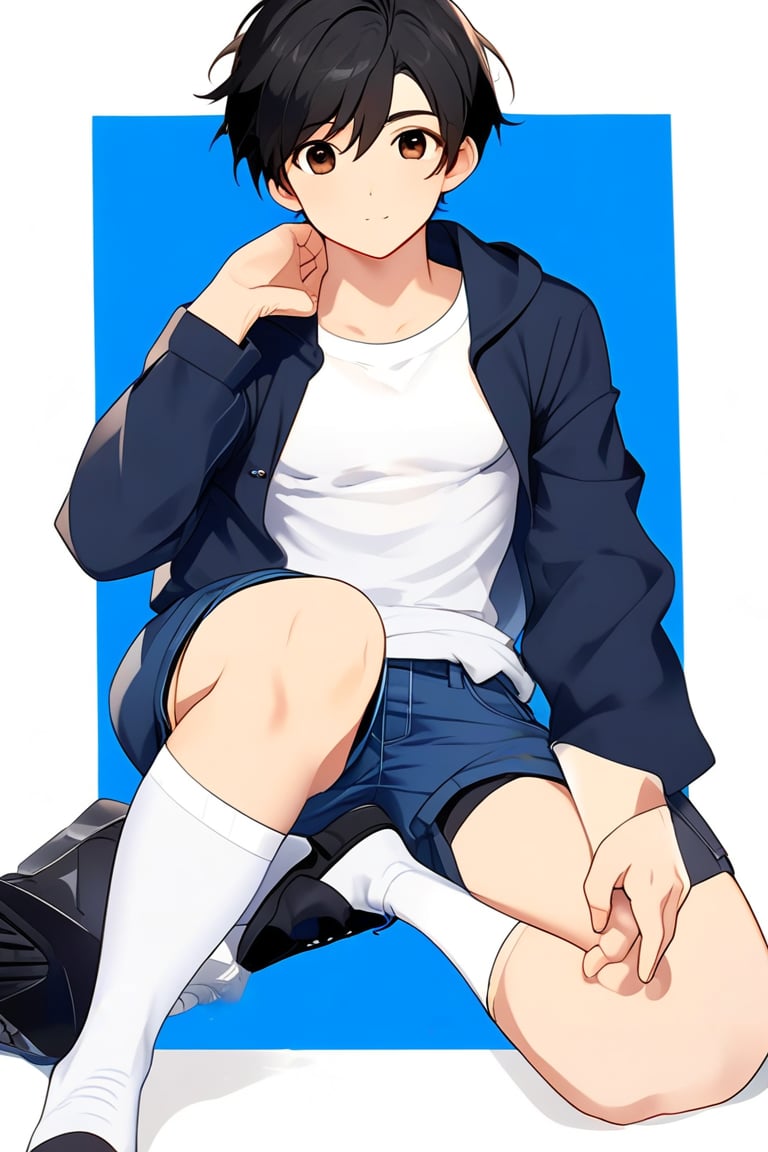 boy, black hair, brown eyes, white long sleeve shirt, dark blue jean shorts, wearing short white stockings, slim muscles, anime