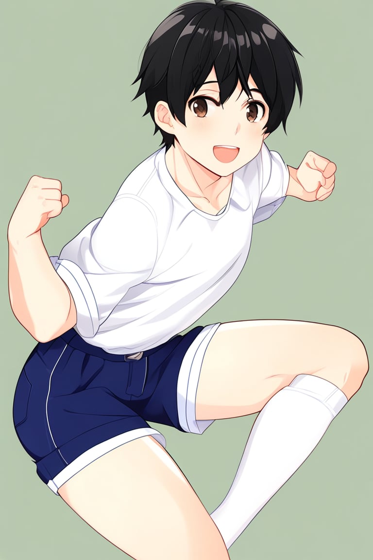 boy, black hair, brown eyes, long-sleeved white shirt, dark blue jean shorts, with short white stockings, with a little muscle, anime