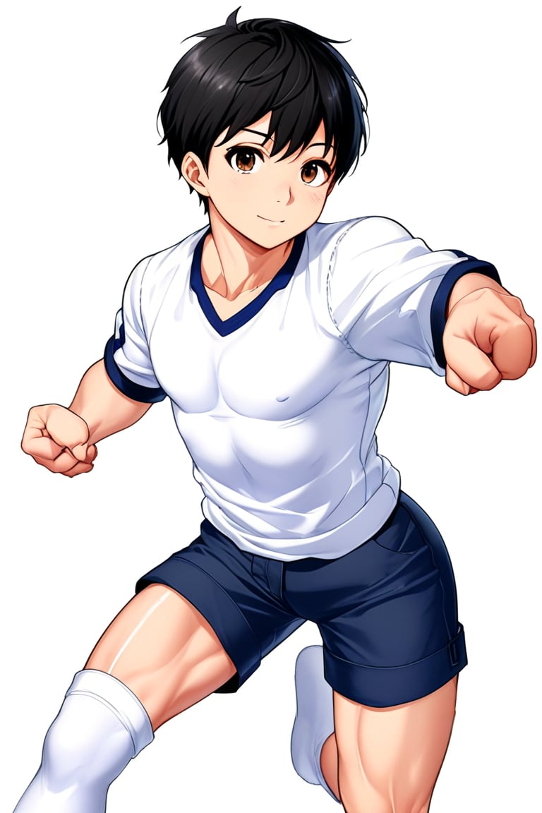 boy, black hair, brown eyes, long-sleeved white shirt, dark blue jean shorts, with short white stockings, with a little muscle, anime