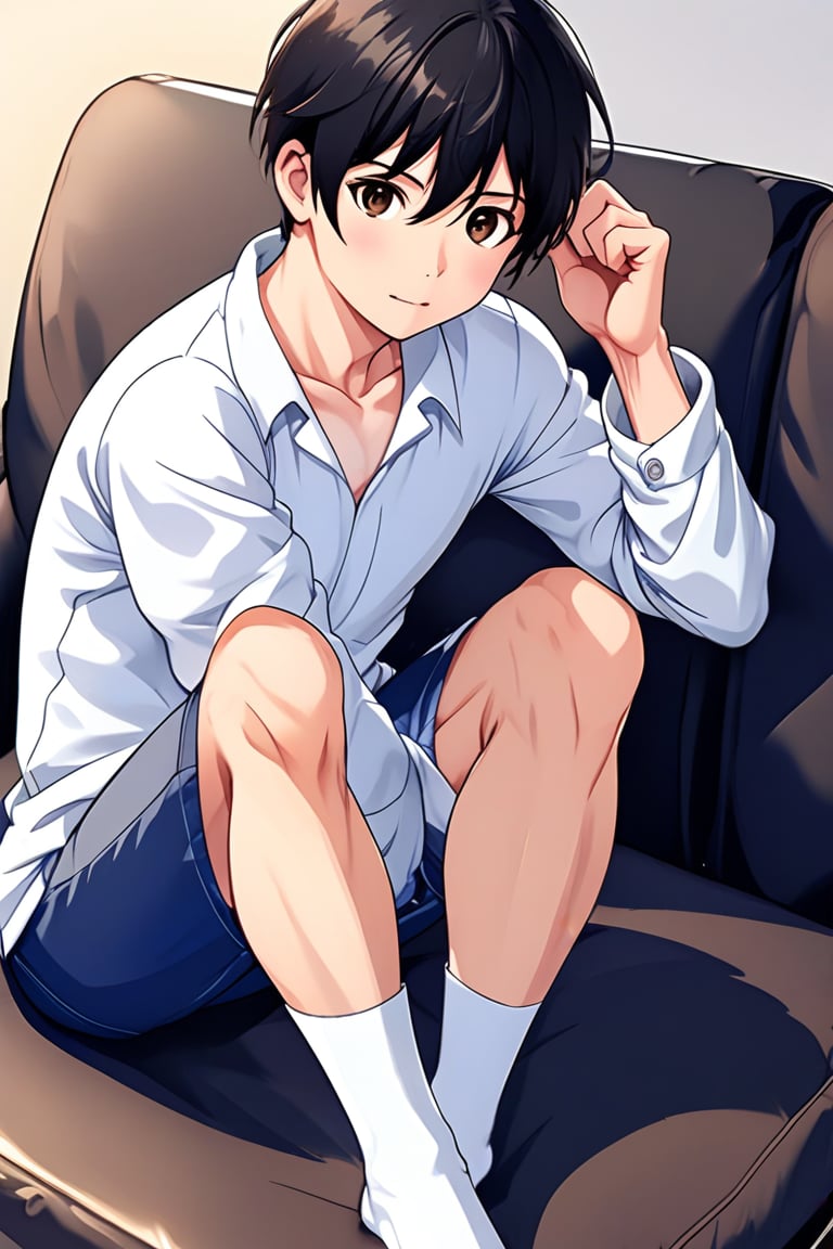 boy, black hair, brown eyes, long-sleeved white shirt, dark blue jean shorts, with short white stockings, with a little muscle, anime