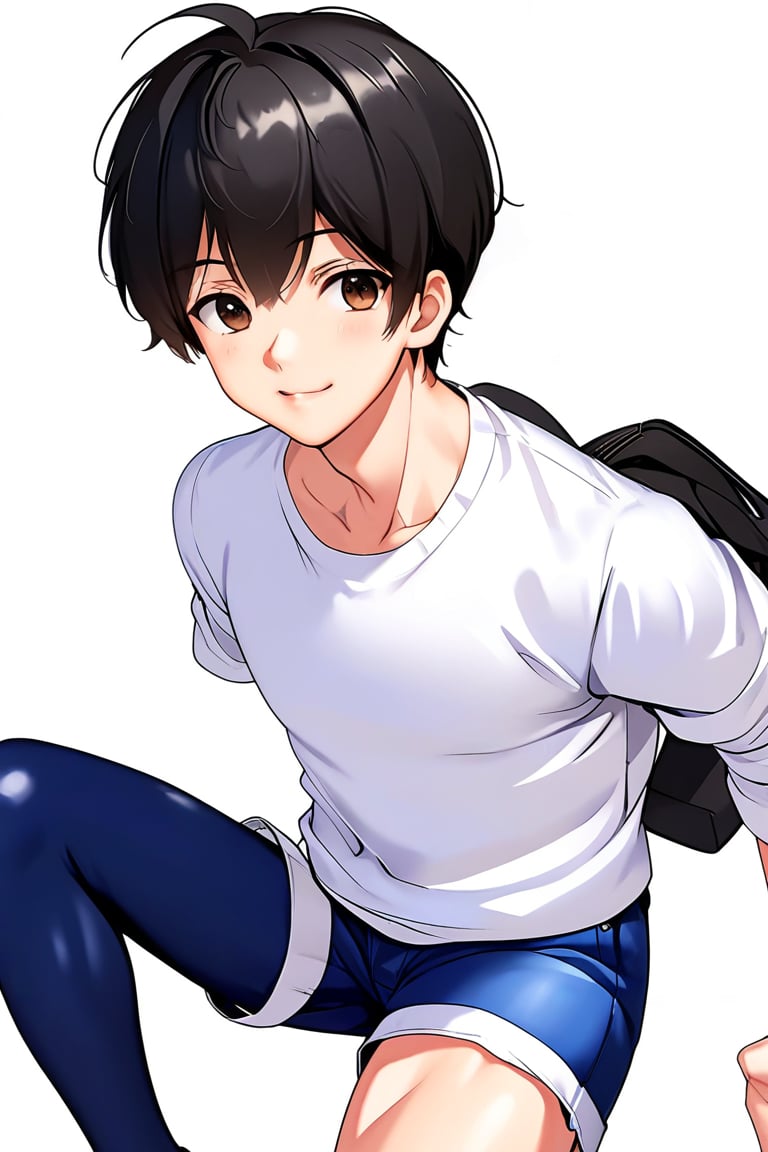 boy, black hair, brown eyes, long-sleeved white shirt, dark blue jean shorts, with short white stockings, with a little muscle, anime