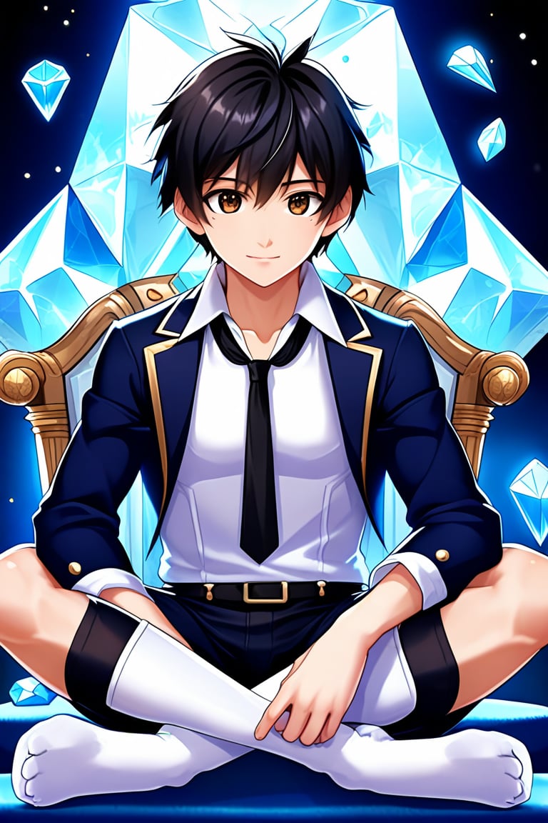 boy, black hair, brown eyes, white long-sleeved shirt, dark blue jean shorts, wearing short white stockings, slim muscles, sitting on a throne made of diamond, anime