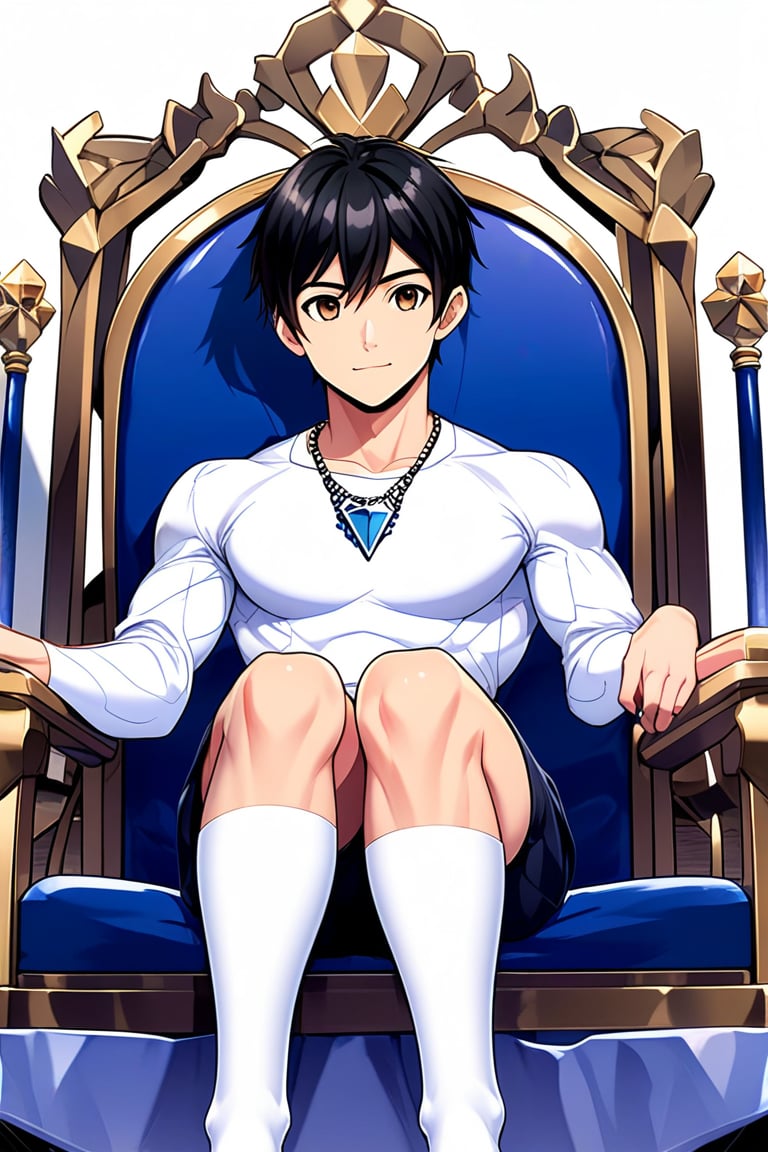 boy, black hair, brown eyes, white long-sleeved shirt, dark blue jean shorts, wearing short white stockings, with slim muscles, sitting on a diamond throne, anime