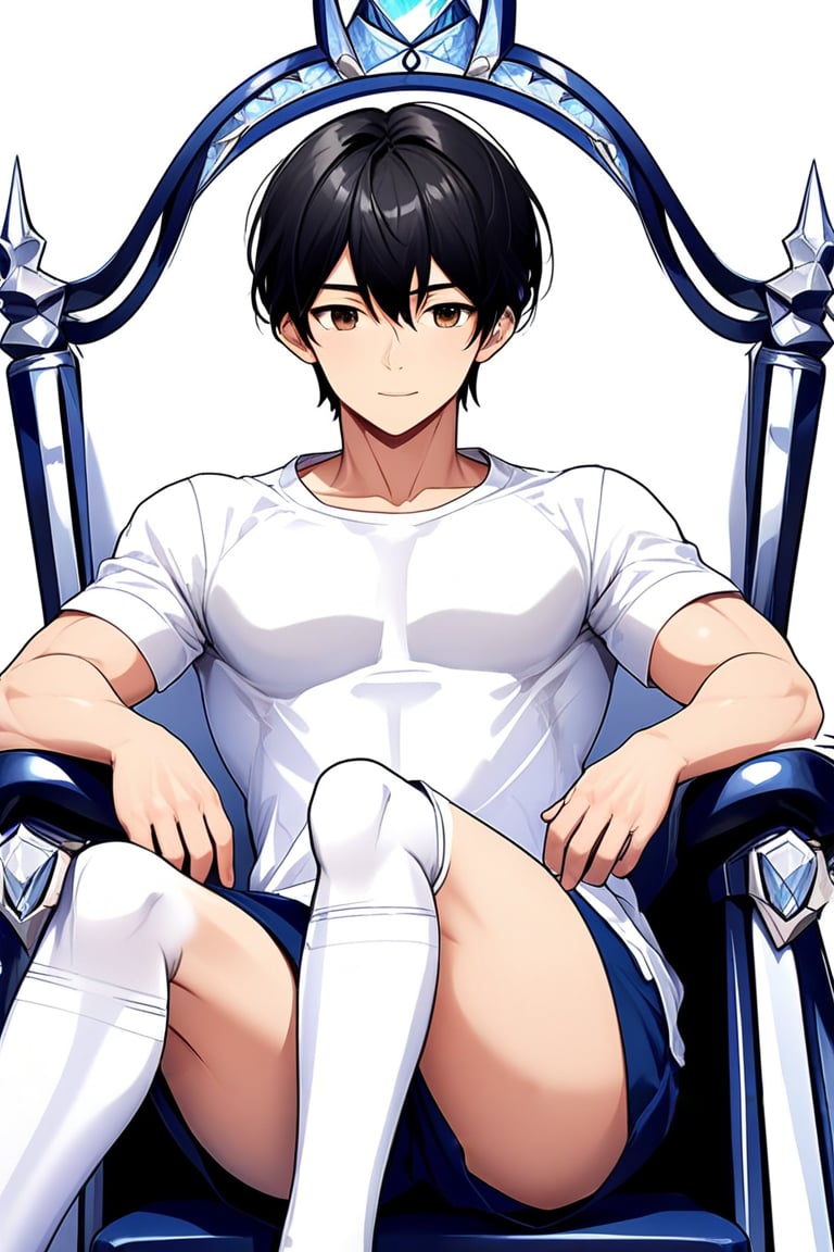 boy, black hair, brown eyes, white long-sleeved shirt, dark blue jean shorts, wearing short white stockings, with slim muscles, sitting on a diamond throne, anime