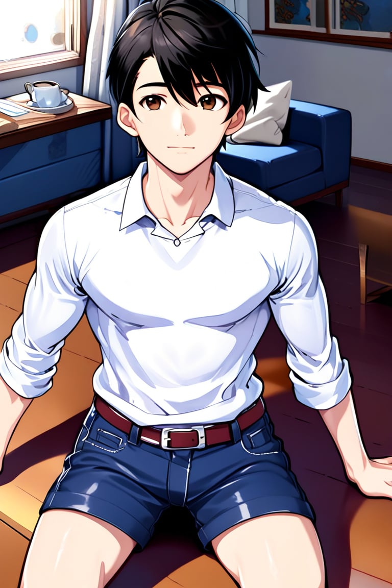 boy, black hair, brown eyes, long-sleeved white shirt, dark blue jean shorts, with short white stockings, with a little muscle, anime