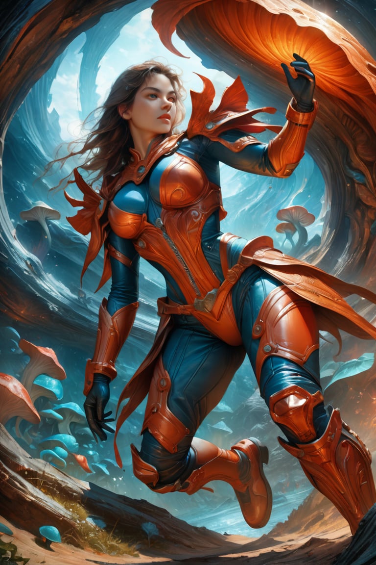 a female tokusatsu heroine, viewed from the side, full body shot, low angle shot, bottom-up perspective, action shot, wearing a hightec suit, she is fighting a kaiju, she is surrounded by incredible alien fungi, inspired by Ultraman, Yoshitaka Amano style, fantasy art nouveau style, (best quality,4k,8k,highres,masterpiece:1.2),ultra-detailed,(realistic,photorealistic,photo-realistic:1.37),dramatic lighting,vibrant colors, teal and orange, stunning details, tokusatsu style, Samus Aran