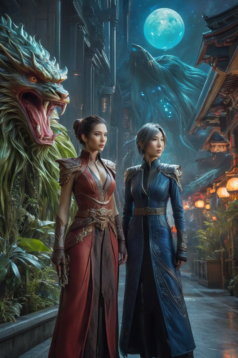 best quality,4k,8k,highres,masterpiece:1.2,ultra-detailed,realistic:1.37,HDR,UHD,studio lighting,ultra-fine painting,sharp focus,physically-based rendering,(Yoshitaka Amano style:1.1), A israeli woman and her guardian familiar, mystical creature,otherworldly creature,enchanting companions,wearing stylish futuristic clothes,inspired by Phantasy Star Online,wide angle, dynamic poses, (The woman, with her eyes brightly colored, no makeup and her israeli facial features elegantly detailed, adding to her allure. Dressed in elegant casual clothes with a stylish futuristic jacket.), (She is accompanied by a guardian, a Raijin and Fujin mixed creature with exquisite appearance features resembling a lovecraftian cosmic horror. The creature's presence adds a sense of wonder and magic to the scene.), (The woman and her companion stand in a dark and gothic city, a modern metropolis with exotic alien plants, and vibrant signs. The colors are vibrant, with a mixture of olives, browns, and pale reds creating a dreamlike atmosphere.), (The lighting is soft but illuminating, casting a gentle glow on both the woman and the creature.), (The overall composition has a realistic and photorealistic quality, capturing the essence of the scene in intricate detail.), (The art style is inspired by Yoshitaka Amano, known for his ethereal and otherworldly illustrations. The combination of realistic elements with the artist's unique style creates a captivating and visually stunning image.),Greg Rutkowski,skirtlift,GalGadot,OHWX