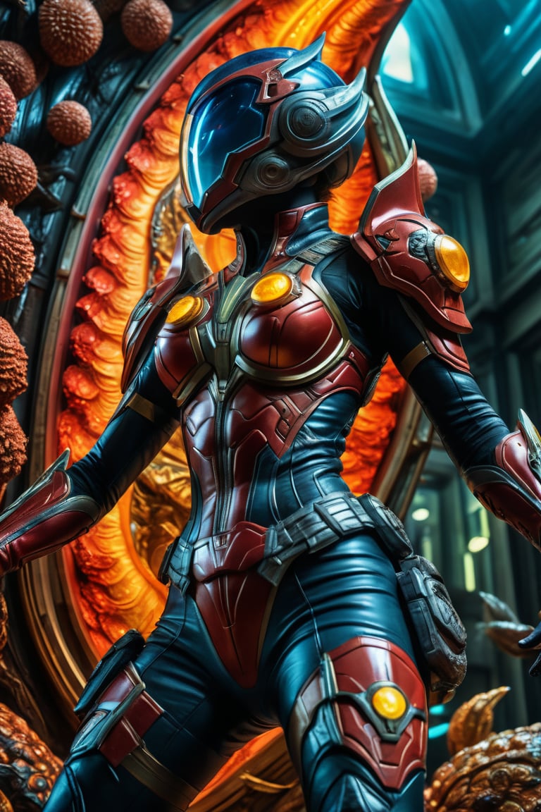 a female tokusatsu hero, viewed from the side, full body shot, low angle shot, bottom-up perspective, action shot, wearing a hightec suit, she is fighting a kaiju, she is surrounded by incredible alien fungi, inspired by Metroid, Yoshitaka Amano style, fantasy art nouveau style, (best quality,4k,8k,highres,masterpiece:1.2),ultra-detailed,(realistic,photorealistic,photo-realistic:1.37),dramatic lighting,vibrant colors,stunning details, tokusatsu style, Selma Blair