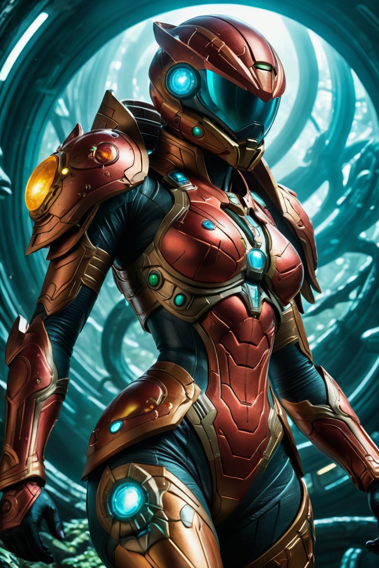 a female tokusatsu hero, viewed from the side, full body shot, low angle shot, bottom-up perspective, action shot, wearing a hightec suit, she is fighting a kaiju, she is surrounded by incredible alien fungi, inspired by Metroid, Yoshitaka Amano style, fantasy art nouveau style, (best quality,4k,8k,highres,masterpiece:1.2),ultra-detailed,(realistic,photorealistic,photo-realistic:1.37),dramatic lighting,vibrant colors,stunning details, tokusatsu style, Samus Aran