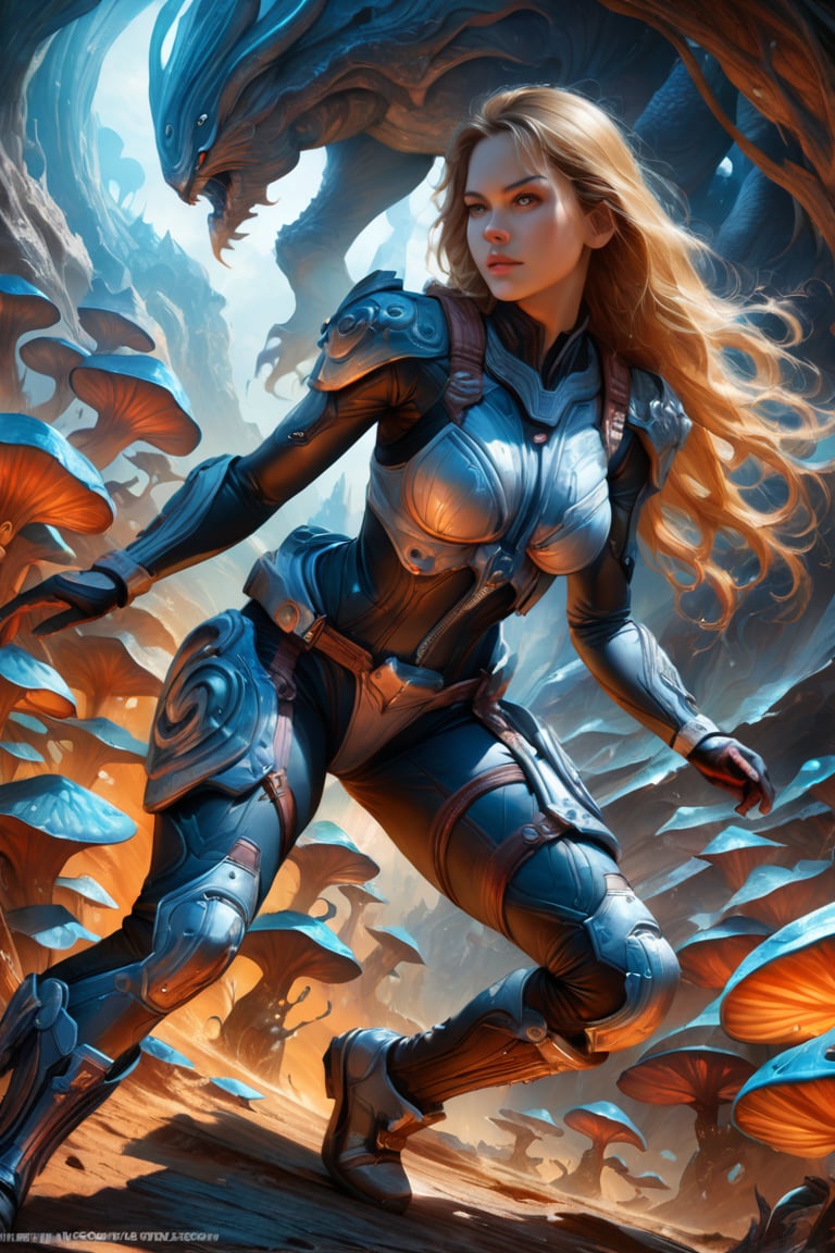 a female tokusatsu heroine, viewed from the side, full body shot, low angle shot, bottom-up perspective, action shot, blonde bombshell, wearing a hightec suit, she is fighting a kaiju, she is surrounded by incredible alien fungi, inspired by Ultraman, Yoshitaka Amano style, fantasy art nouveau style, (best quality,4k,8k,highres,masterpiece:1.2),ultra-detailed,(realistic,photorealistic,photo-realistic:1.37),dramatic lighting,vibrant colors,stunning details, tokusatsu style, Samus Aran