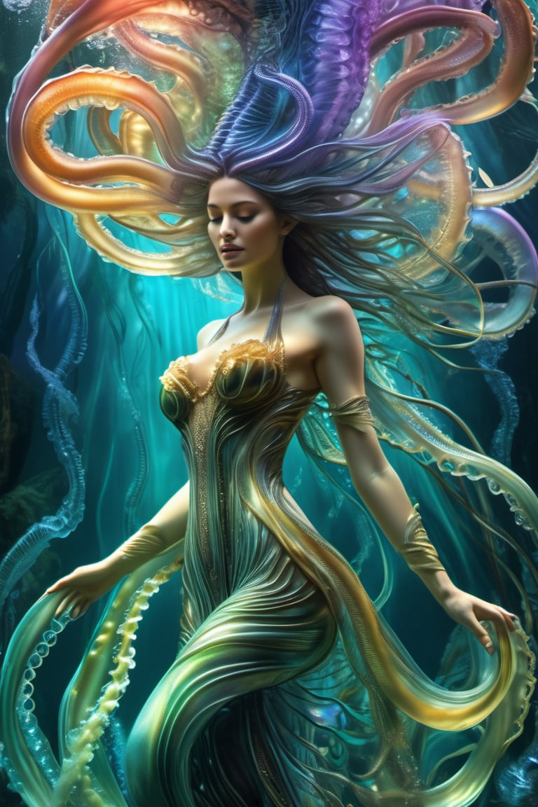 a beautiful water elemental woman, ghostly jellyfish tentacles, intricate flowing bodysuit, seaweed, Hans Ruedi Giger bio-mechanical style, fantasy art nouveau tarot card style, (best quality,4k,8k,highres,masterpiece:1.2),ultra-detailed,(realistic,photorealistic,photo-realistic:1.37),dramatic lighting,vibrant colors,stunning details,Japanese Girl - SDXL,Beautiful Instagram Model