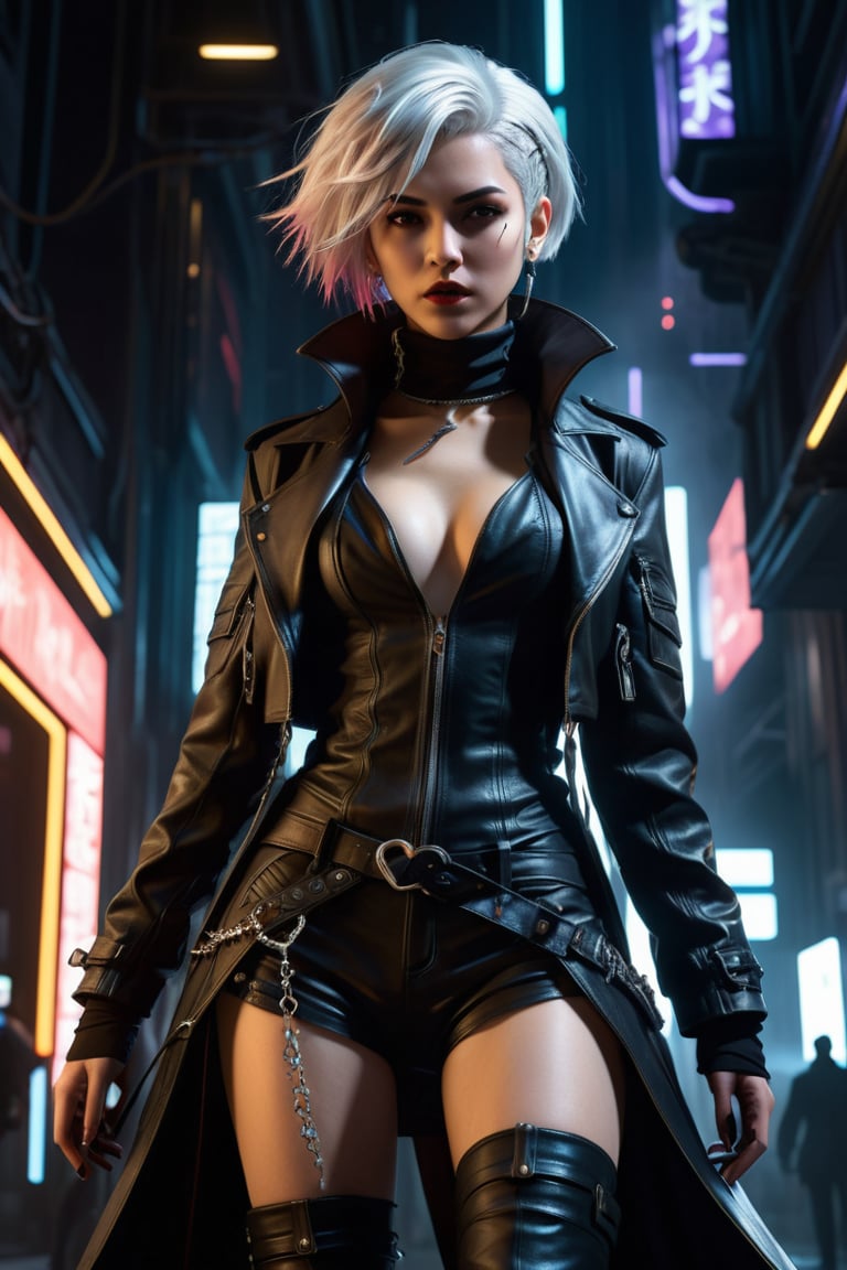 the ether walker, a female cyberpunk vampire, viewed from the side, full body shot, low angle shot, bottom-up perspective, short platinum hair, action shot, astonished expression, wearing a hightec fashionable jacket, she is crossing a shadow portal, she is surrounded by incredible lovecraftian shadow tentacles, Yoshitaka Amano style, fantasy art nouveau style, (best quality,4k,8k,highres,masterpiece:1.2),ultra-detailed,(realistic,photorealistic,photo-realistic:1.37),dramatic lighting,vibrant colors,stunning details