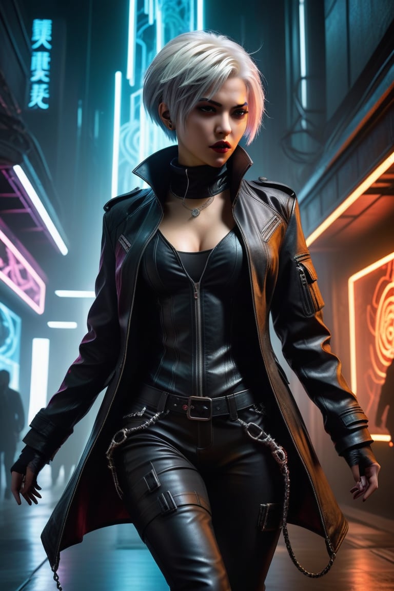 the ether walker, a female cyberpunk vampire, viewed from the side, full body shot, low angle shot, bottom-up perspective, short platinum hair, action shot, astonished expression, wearing a hightec fashionable jacket, she is crossing a shadow portal, she is surrounded by incredible lovecraftian shadow tentacles, Yoshitaka Amano style, fantasy art nouveau style, (best quality,4k,8k,highres,masterpiece:1.2),ultra-detailed,(realistic,photorealistic,photo-realistic:1.37),dramatic lighting,vibrant colors,stunning details