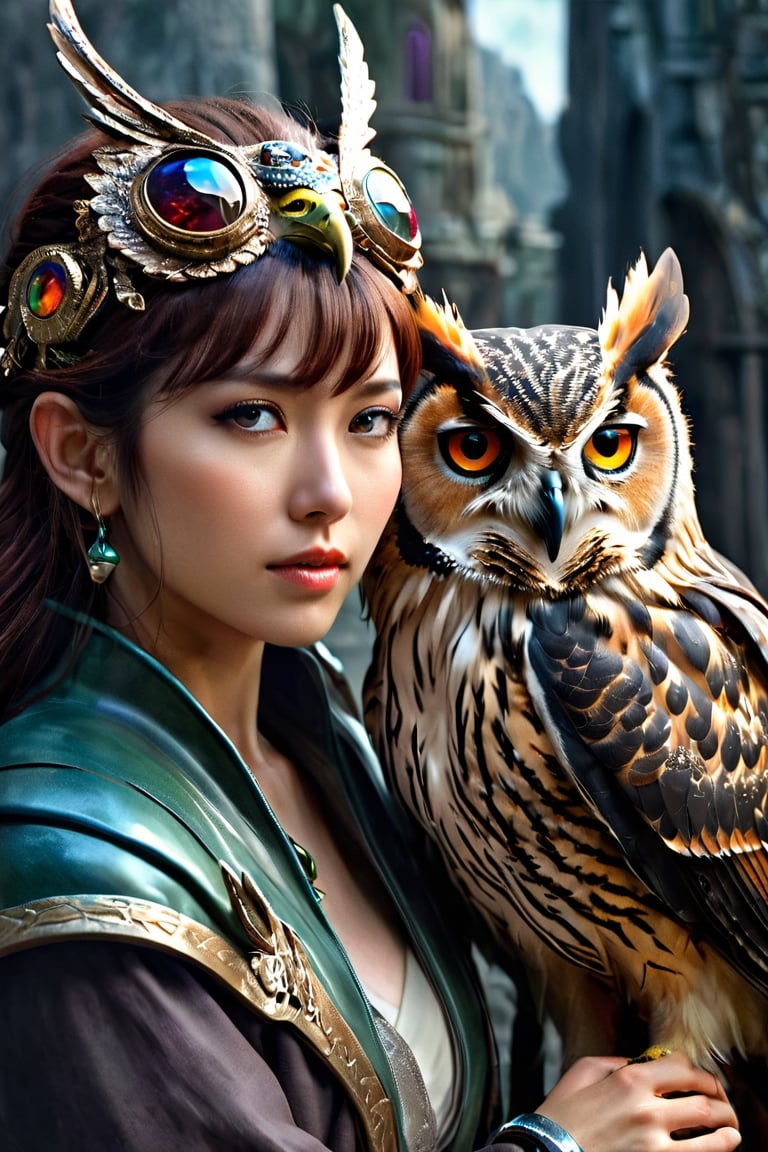 best quality,4k,8k,highres,masterpiece:1.2,ultra-detailed,realistic:1.37,HDR,UHD,studio lighting,ultra-fine painting,sharp focus,physically-based rendering,(Yoshitaka Amano style:1.1), A nordic woman and her guardian familiar, mystical creature,otherworldly creature,kaiju-like,enchanting companions,wearing stylish futuristic clothes,inspired by Phantasy Star Online,action shot,dynamic poses, (The woman, with her eyes brightly colored, no makeup and her nordic facial features elegantly detailed, adding to her allure. Dressed in elegant casual clothes with a stylish futuristic jacket.), (She is accompanied by a guardian, a eagle owl and panther mixed creature with exquisite anatomical features resembling a cosmic horror. The creature's presence adds a sense of wonder and magic to the scene.), (The woman and her companion stand in a dark and gothic city, a modern metropolis with surreal plants, and vibrant signs. The colors are vibrant, with a mixture of dark browns, olive, and pale reds creating a dreamlike atmosphere.), (The lighting is soft but illuminating, casting a gentle glow on both the woman and the creature.), (The overall composition has a realistic and photorealistic quality, capturing the essence of the scene in intricate detail.), (The art style is inspired by Yoshitaka Amano, known for his ethereal and otherworldly illustrations. The combination of realistic elements with the artist's unique style creates a captivating and visually stunning image.),Greg Rutkowski,JenniferloveHewitt