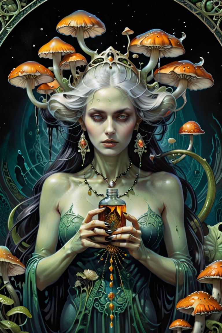 the ghost flower card, a poisonous lady, from the side, dripping poison from her hands, holding an intricate poison vial, she is surrounded by incredible fungi, Hans Ruedi Giger bio-mechanical style, fantasy art nouveau tarot card style, (best quality,4k,8k,highres,masterpiece:1.2),ultra-detailed,(realistic,photorealistic,photo-realistic:1.37),dramatic lighting,vibrant colors,stunning details,g1h3r,fr4z3tt4,LinkGirl