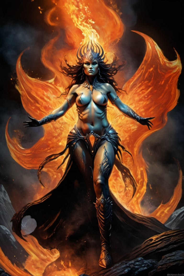 a beautiful fire elemental woman crossing through the scene, dramatic poses, she has igneous lava-like skin, wearing an incandescent armor made of ember and cinder, Hans Ruedi Giger bio-mechanical style, fantasy art nouveau tarot card style, (best quality,4k,8k,highres,masterpiece:1.2),ultra-detailed,(realistic,photorealistic,photo-realistic:1.37),dramatic lighting,vibrant colors,stunning details,g1h3r,fr4z3tt4 ,Extremely Realistic