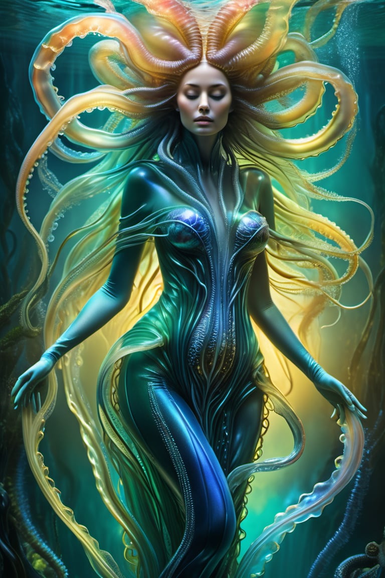 a beautiful water elemental woman, ghostly jellyfish tentacles, intricate flowing bodysuit, seaweed, Hans Ruedi Giger bio-mechanical style, fantasy art nouveau tarot card style, (best quality,4k,8k,highres,masterpiece:1.2),ultra-detailed,(realistic,photorealistic,photo-realistic:1.37),dramatic lighting,vibrant colors,stunning details,Japanese Girl - SDXL,Beautiful Instagram Model