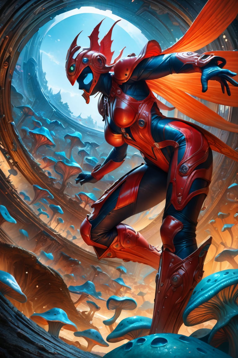 a female tokusatsu hero, viewed from the side, full body shot, low angle shot, bottom-up perspective, action shot, wearing a hightec suit, she is fighting a kaiju, she is surrounded by incredible alien fungi, inspired by Ultraman, Yoshitaka Amano style, fantasy art nouveau style, (best quality,4k,8k,highres,masterpiece:1.2),ultra-detailed,(realistic,photorealistic,photo-realistic:1.37),dramatic lighting,vibrant colors,stunning details, tokusatsu style, Samus Aran