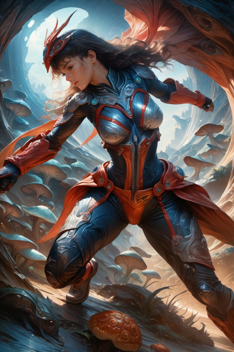 a female tokusatsu heroine, viewed from the side, full body shot, low angle shot, bottom-up perspective, action shot, wearing a hightec suit, she is fighting a kaiju, she is surrounded by incredible alien fungi, inspired by Ultraman, Yoshitaka Amano style, fantasy art nouveau style, (best quality,4k,8k,highres,masterpiece:1.2),ultra-detailed,(realistic,photorealistic,photo-realistic:1.37),dramatic lighting,vibrant colors,stunning details, tokusatsu style, Samus Aran