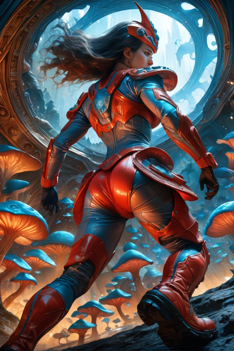 a female tokusatsu hero, viewed from the side, full body shot, low angle shot, bottom-up perspective, action shot, wearing a hightec suit, she is fighting a kaiju, she is surrounded by incredible alien fungi, inspired by Ultraman, Yoshitaka Amano style, fantasy art nouveau style, (best quality,4k,8k,highres,masterpiece:1.2),ultra-detailed,(realistic,photorealistic,photo-realistic:1.37),dramatic lighting,vibrant colors,stunning details, tokusatsu style, Samus Aran