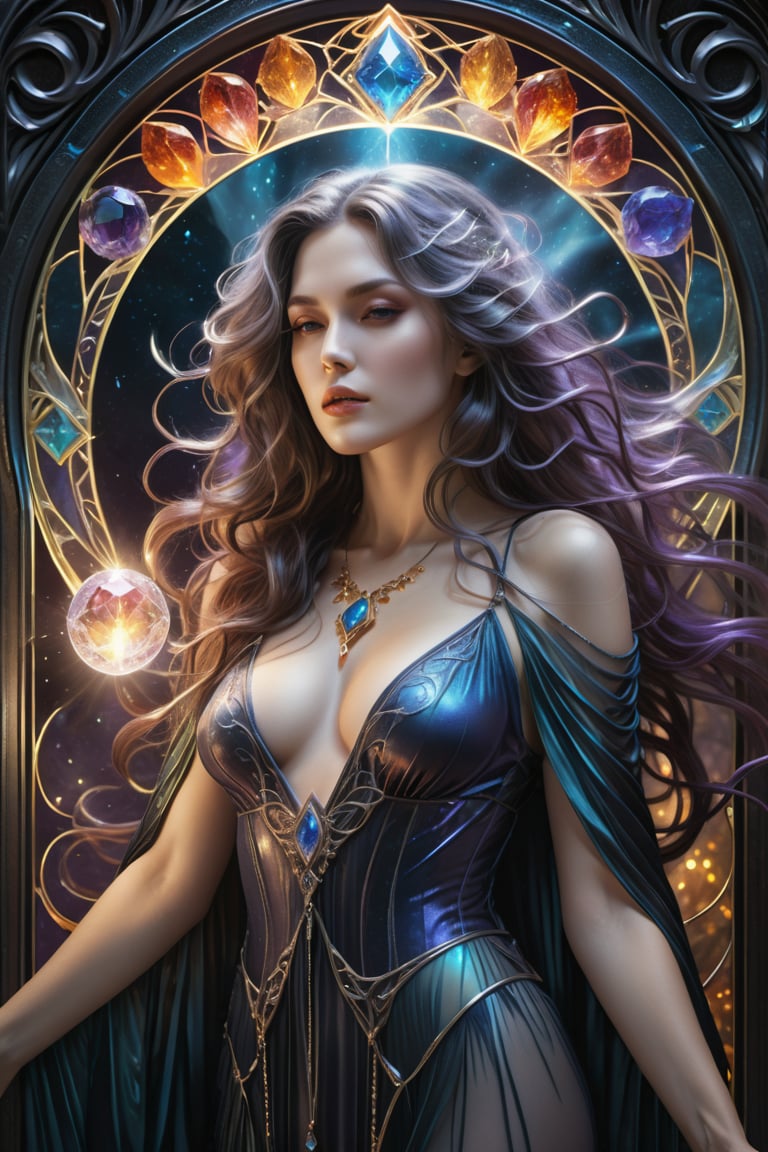 the ghostly wraith woman, a sexy sorceress, in a lustful pose, from the side, perfect wavy hair, she is emerging from within a shadow portal, she is surrounded by incredible magic crystals, Yoshitaka Amano style, fantasy art nouveau tarot card style, (best quality,4k,8k,highres,masterpiece:1.2),ultra-detailed,(realistic,photorealistic,photo-realistic:1.37),dramatic lighting,vibrant colors,stunning details, Uika, first summer Uika