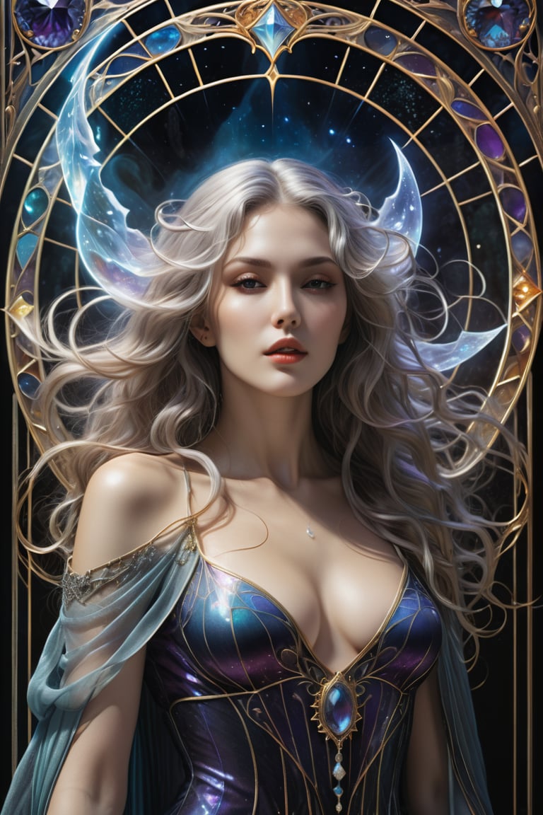 the ghostly wraith woman, a sexy sorceress, in a lustful pose, from the side, perfect wavy hair, she is emerging from within a shadow portal, she is surrounded by incredible magic crystals, Yoshitaka Amano style, fantasy art nouveau tarot card style, (best quality,4k,8k,highres,masterpiece:1.2),ultra-detailed,(realistic,photorealistic,photo-realistic:1.37),dramatic lighting,vibrant colors,stunning details, Uika, first summer Uika