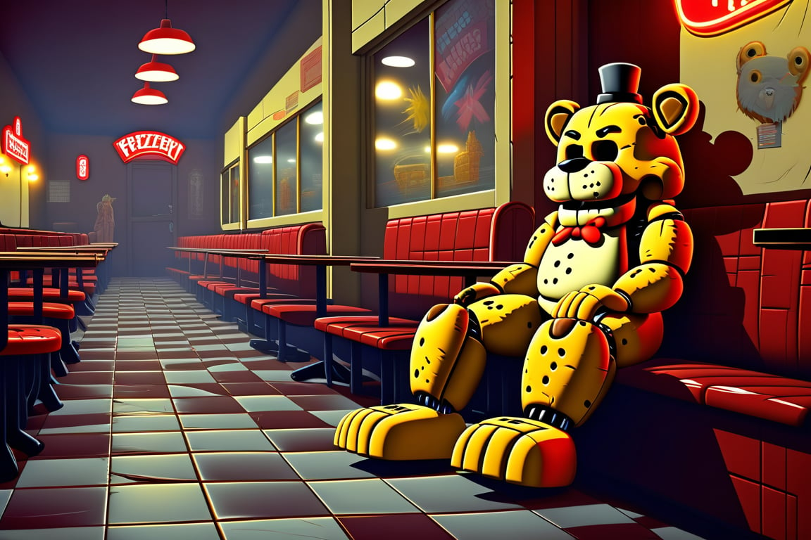 Freddy Fazbear morado aterrador en una esquina de una pared oscura y sucia estilo pizzeria