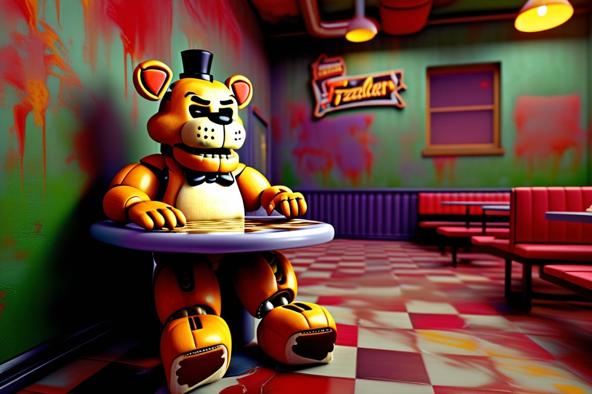 Freddy Fazbear morado aterrador en una esquina de una pared oscura y sucia estilo pizzeria