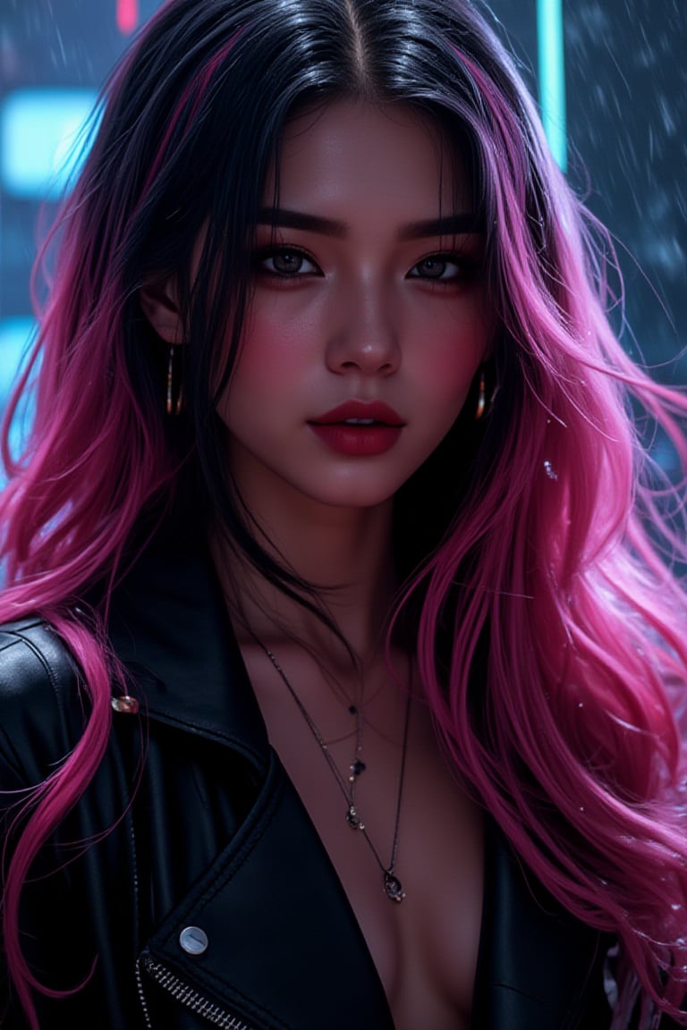 best quality, masterpiece, (photorealistic:1.4), 1girl, majestic flowing hair, rain, 1girl, solo, long hair, looking at the viewer, Realistic full photo, full body, Black and pink haired woman with ((pink highlights)), long hair, 18 years old, beautiful, makeup, elegant, neckless, earing, wearing a black Top, leather jacket and a leather clothes and smoking a vap, nigthclub, photorealistic,
,FuturEvoLabNinja