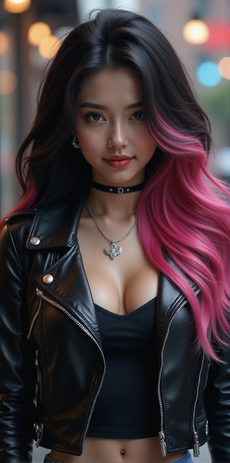 best quality, masterpiece, (photorealistic:1.4), 1girl, majestic flowing hair, rain, 1girl, solo, long hair, looking at the viewer,   snobby face, happy,
Realistic full photo, full body, Black and pink haired woman with ((pink highlights)), long hair, 18 years old, beautiful, makeup, elegant, neckless, earing, wearing a black Top, leather jacket and a leather clothes and smoking a vap, nigthclub, photorealistic,
Ralistic