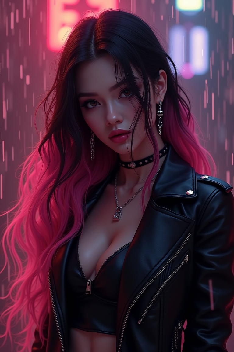 best quality, masterpiece, (photorealistic:1.4), 1girl, majestic flowing hair, rain, 1girl, solo, long hair, looking at the viewer, Realistic full photo, full body, Black and pink haired woman with ((pink highlights)), long hair, 18 years old, beautiful, makeup, elegant, neckless, earing, wearing a black Top, leather jacket and a leather clothes and smoking a vap, nigthclub, photorealistic,
,FuturEvoLabNinja,preidental suite