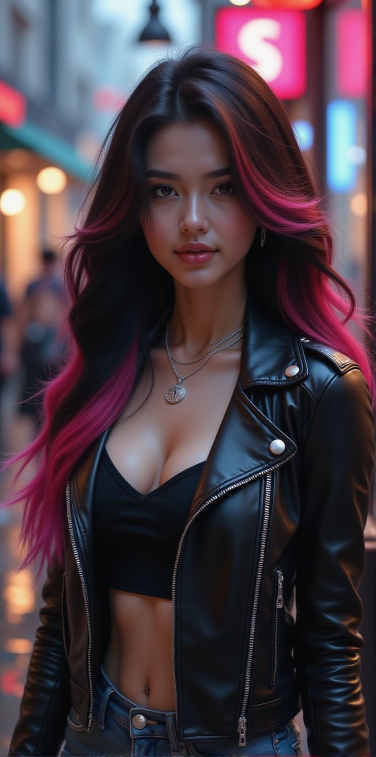 best quality, masterpiece, (photorealistic:1.4), 1girl, majestic flowing hair, rain, 1girl, solo, long hair, looking at the viewer,  Realistic full photo, full body, Black and pink haired woman with ((pink highlights)), long hair, 18 years old, beautiful, makeup, elegant, neckless, earing, wearing a black Top, leather jacket and a leather clothes and smoking a vap, nigthclub, photorealistic,
Ralistic