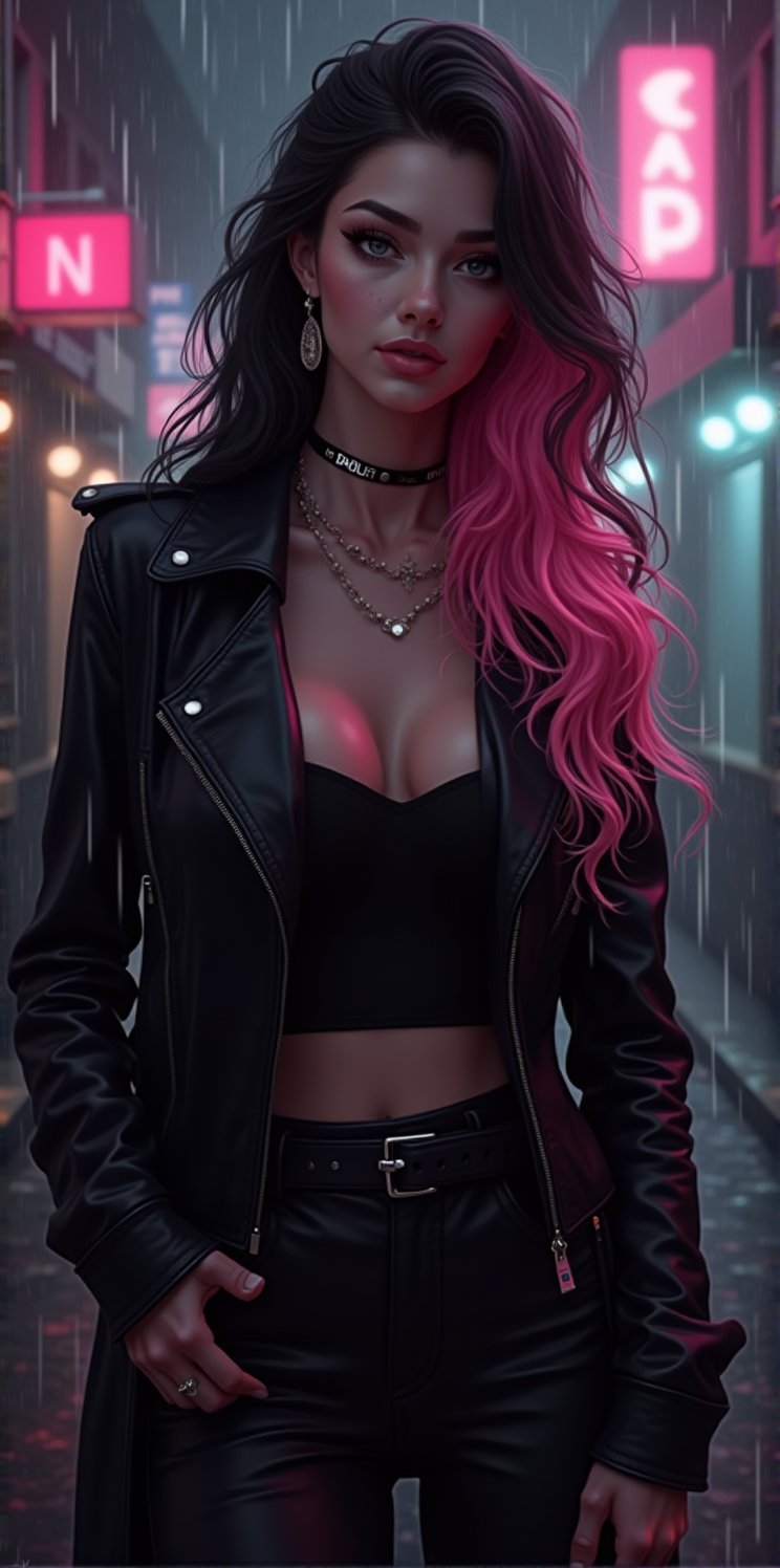 best quality, masterpiece, (photorealistic:1.4),r ealistic, photorealistic,
 1girl, solo,18 years old, beautiful, makeup, elegant, neckless, earing,
majestic flowing hair,  long hair, looking at the viewer, Realistic full photo, full body, Black and pink haired woman with ((pink highlights)), long hair,  
wearing a black Top, leather jacket and a leather clothes and smoking a vap, high boots, 
looking at view, happy, discret simile,

nigthclub, rain, 
