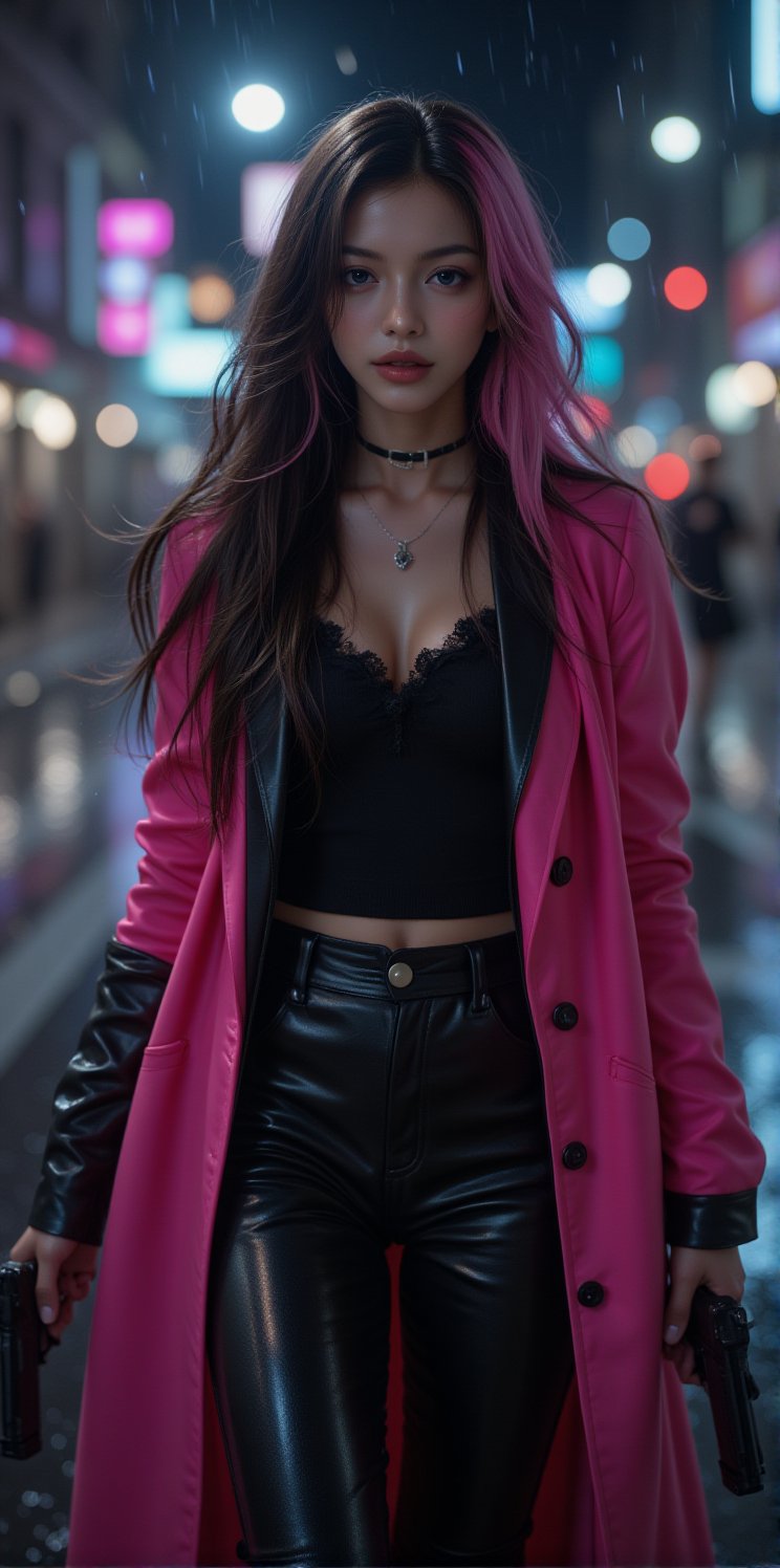 best quality, masterpiece, (photorealistic:1.4),r ealistic, photorealistic,
 1girl, solo,18 years old, beautiful, green eyes, makeup, elegant, neckless, earing,
majestic flowing hair,  long hair, looking at the viewer, Realistic full photo, full body, Black and pink haired woman with ((pink highlights)), long hair,  
wearing a black Top, leather jacket and a leather clothes and smoking a vap, high boots, 
Dressed in a fitted black leather jacket 

standing on a rain-soaked street at night. hair with braids and wears a deep-necked coat in vibrant pink with black details. holding a Glock 19 gun in one hand, pointing downwards as they walk confidently through the neon-lit cityscape. 

looking at view, serius face , discret simile,
himari face,
nigthclub, street, rain, Midjourney_Whisper, idol himari,