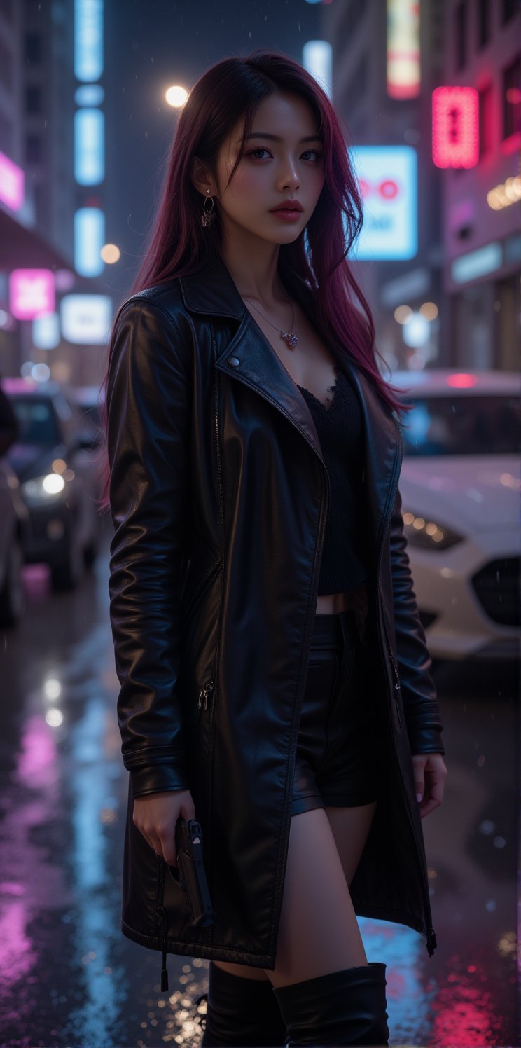 best quality, masterpiece, (photorealistic:1.4),r ealistic, photorealistic,
 1girl, solo,18 years old, beautiful, green eyes, makeup, elegant, neckless, earing,
majestic flowing hair,  long hair, looking at the viewer, Realistic full photo, full body, Black and pink haired woman with ((pink highlights)), long hair,  
wearing a black Top, leather jacket and a leather clothes and smoking a vap, high boots, 
Dressed in a fitted black leather jacket 
side view, 
standing on a rain-soaked street at night, wears a deep-necked coat in vibrant black with pink details. holding a pistol Glock 19 gun in one hand, pointing downwards as they walk confidently through the neon-lit cityscape. 

looking at view, serius face , discret simile,
himari face,
nigthclub, street, rain, Midjourney_Whisper, idol himari,