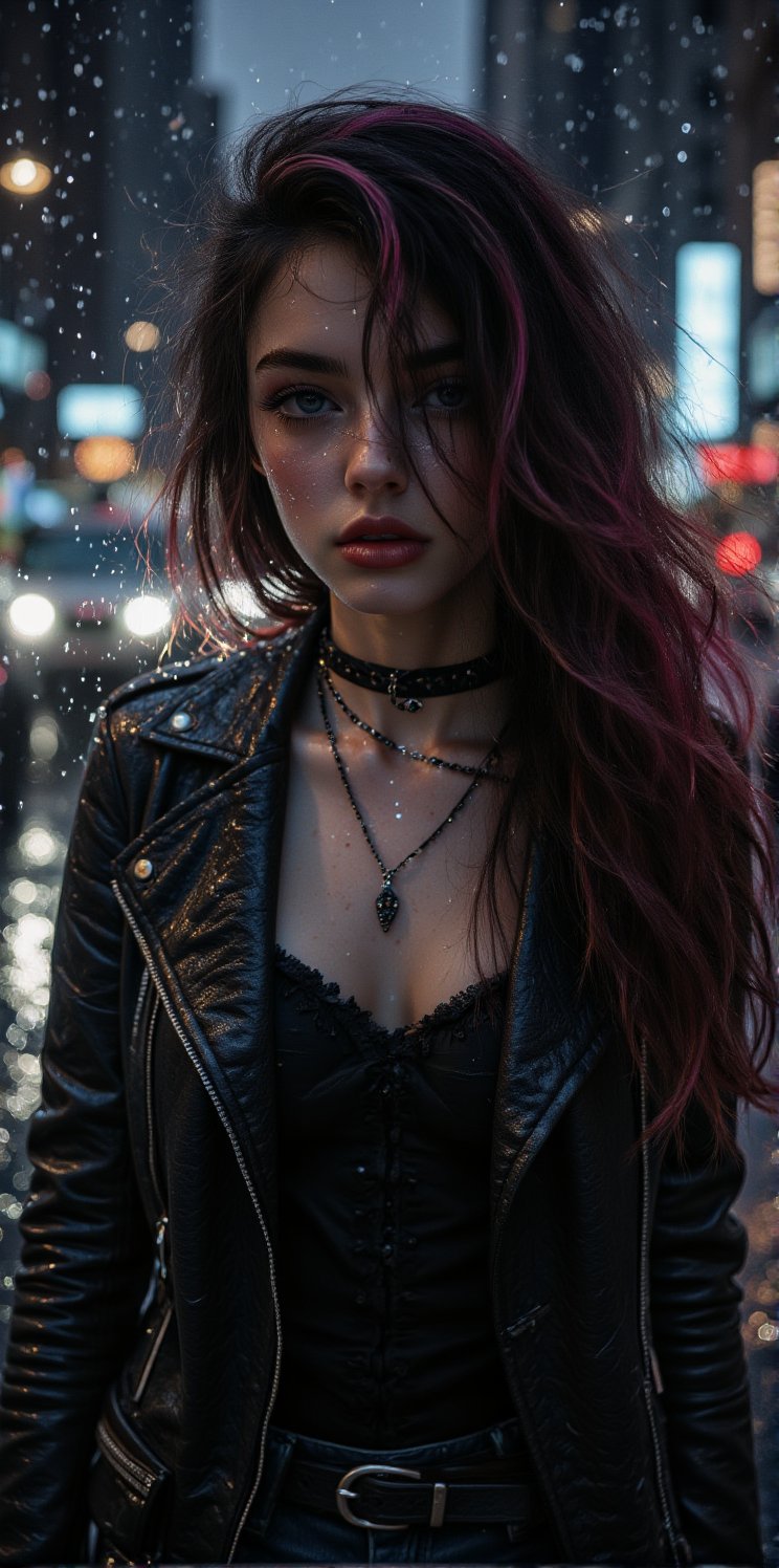 best quality, masterpiece, (photorealistic:1.4), 1girl, majestic flowing hair, rain, 1girl, solo, long hair, looking at the viewer,  Realistic full photo, full body, Black and pink haired woman with pink highlights, long hair, 18 years old, beautiful, makeup, elegant, neckless, earing, wearing a black Top, leather jacket and a leather clothes and smoking a vap, nigthclub, photorealistic,Midjourney_Whisper