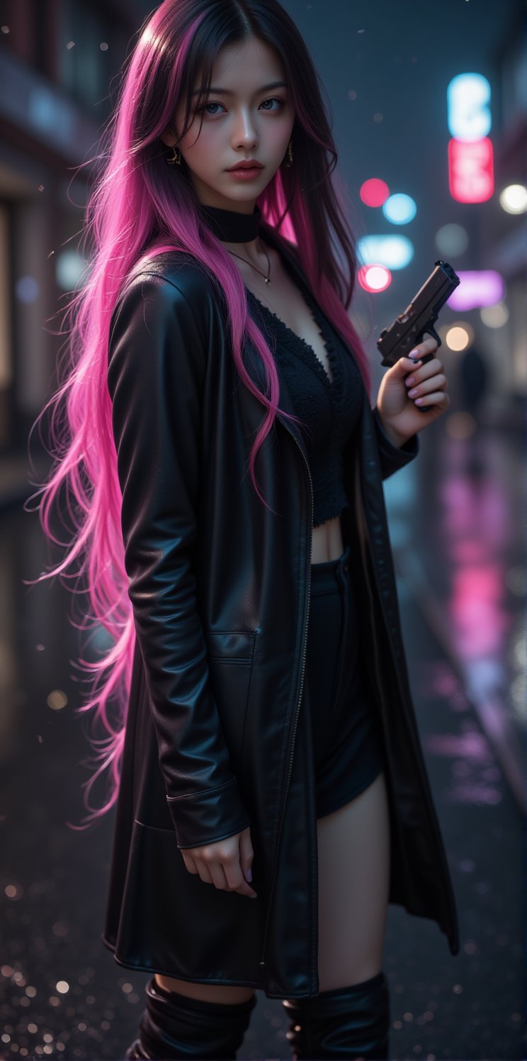 best quality, masterpiece, (photorealistic:1.4),r ealistic, photorealistic,
 1girl, solo,18 years old, beautiful, green eyes, makeup, elegant, neckless, earing,
majestic flowing hair,  long hair, looking at the viewer, Realistic full photo, full body, Black and pink haired woman with ((pink highlights)), long hair,  
wearing a black Top, leather jacket and a leather clothes and smoking a vap, high boots, 
Dressed in a fitted black leather jacket 

standing on a rain-soaked street at night, wears a deep-necked coat in vibrant black with pink details. holding a pistol Glock 19 gun in one hand, pointing downwards as they walk confidently through the neon-lit cityscape. 

looking at view, serius face , discret simile,
himari face,
nigthclub, street, rain, Midjourney_Whisper, idol himari,