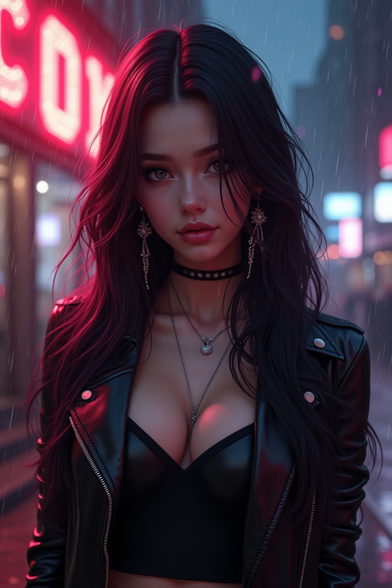 best quality, masterpiece, (photorealistic:1.4), 1girl, majestic flowing hair, rain, 1girl, solo, long hair, looking at the viewer,  Realistic full photo, full body, Black and pink haired woman with pink highlights, long hair, 18 years old, beautiful, makeup, elegant, neckless, earing, wearing a black Top, leather jacket and a leather clothes and smoking a vap, nigthclub, photorealistic,