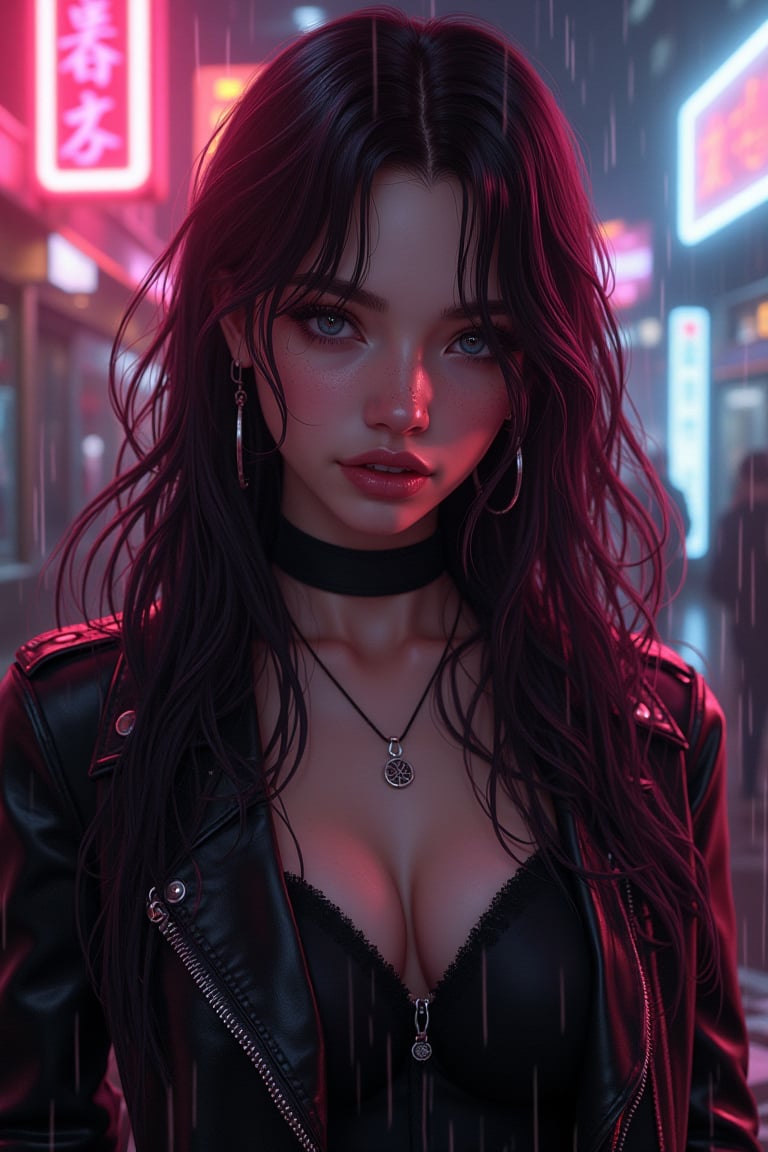 best quality, masterpiece, (photorealistic:1.4),r ealistic, photorealistic,
 1girl, solo,18 years old, beautiful, makeup, elegant, neckless, earing,
majestic flowing hair,  long hair, looking at the viewer, Realistic full photo, full body, Black and pink haired woman with ((pink highlights)), long hair,  
wearing a black Top, leather jacket and a leather clothes and smoking a vap, nigthclub, rain, 
